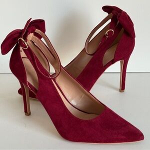 ZBY Dark Red/Wine Faux Suede  Pointed Toe Heels Ankle Bow Stiletto Size 7.5